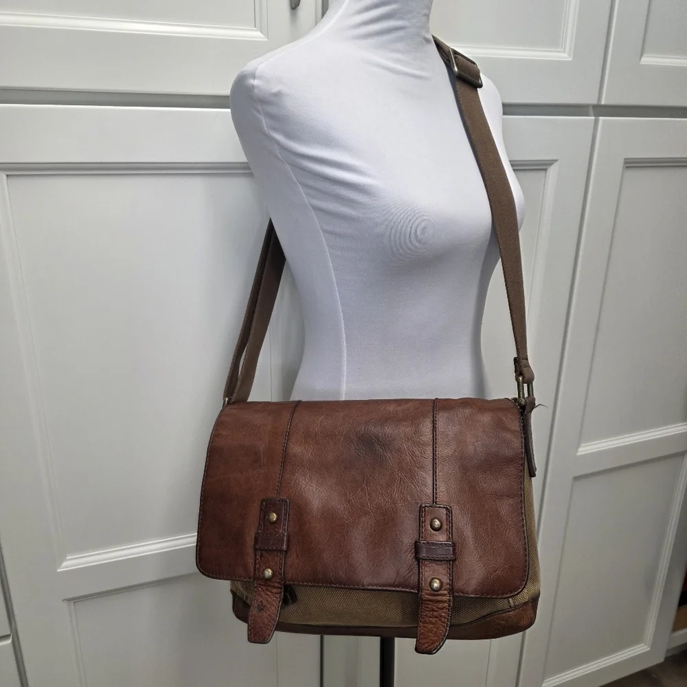Fossil Brown Leather and Tan Canvas Messenger Bag